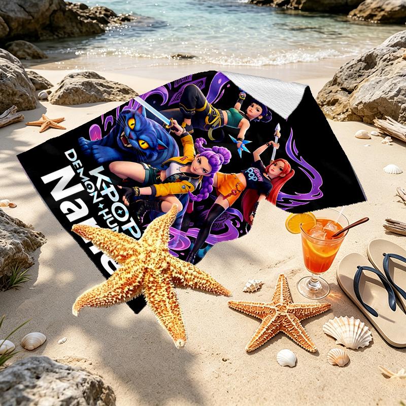 Custom Name Personalized KPop Demon Hunters Print Beach Towel, for Trip Camping Beach Party Home Decor, Birthday Gift for Family & Friends