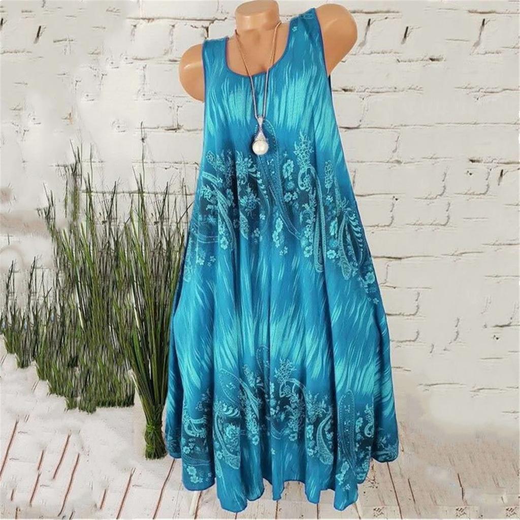 Women's Fashion Non-location Printed Dress Round Neck Sleeveless  Dress