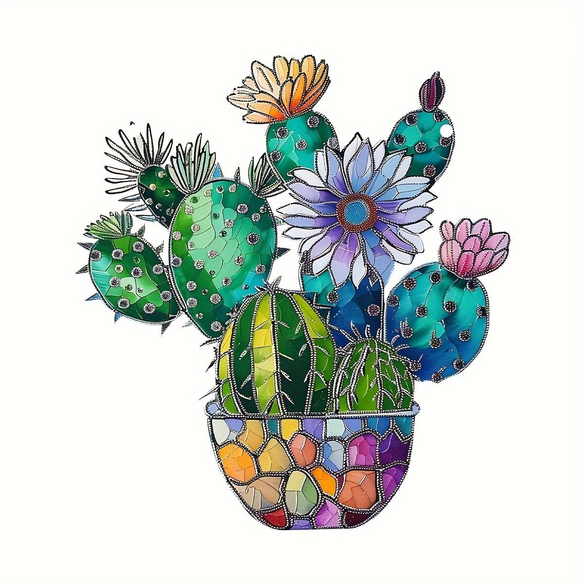 

Flowering Cactus Stained Window Hanging Acrylic Window Decoration, Creative Lighting Craft Pendant Home Decoration Hanging One Size