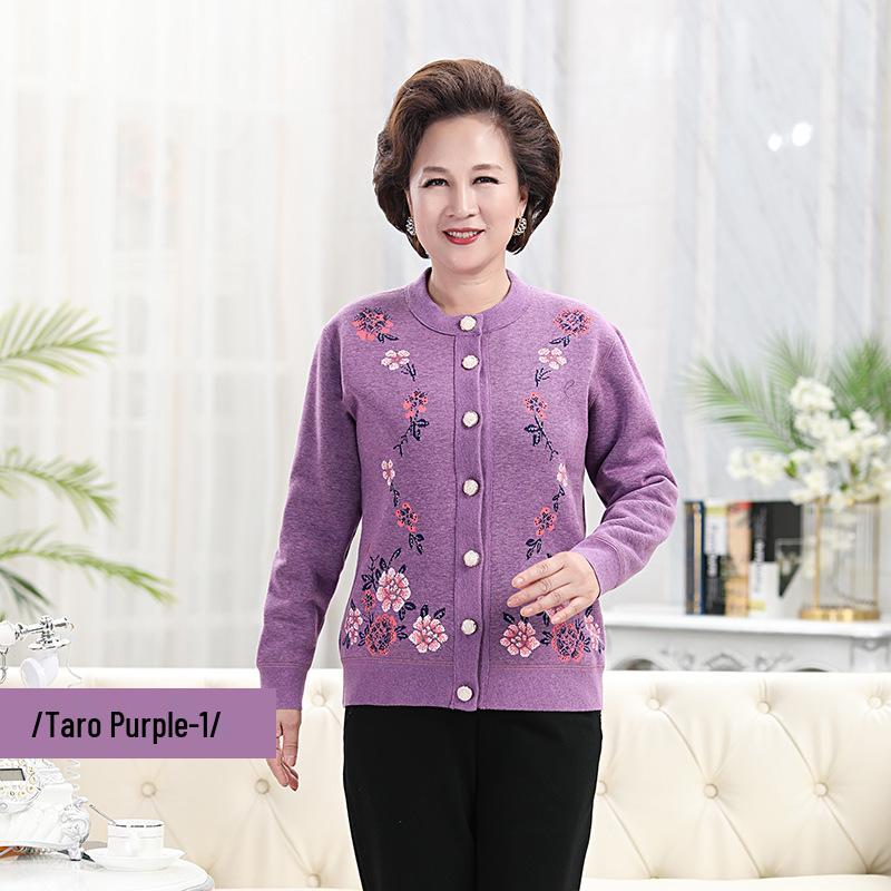 2021 New Lamb Wool Plus Velvet Cardigan: Warm Print Top for Middle-Aged and Elderly