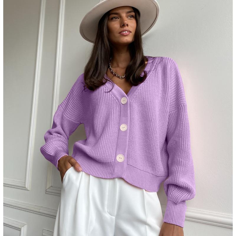 Single Breasted Cardigan V-neck Short Sweater Women Long Sleeved Warm Jacket Solid Color Knit Base Shirt Commut Loose Casual Autumn Winter