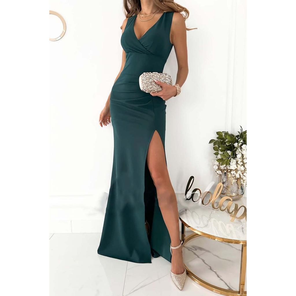 Women's Solid Color Sexy Slim Fit V-neck Sleeveless Slit Midi Dress European American Style Casual Summer Dress for Outdoor Dating