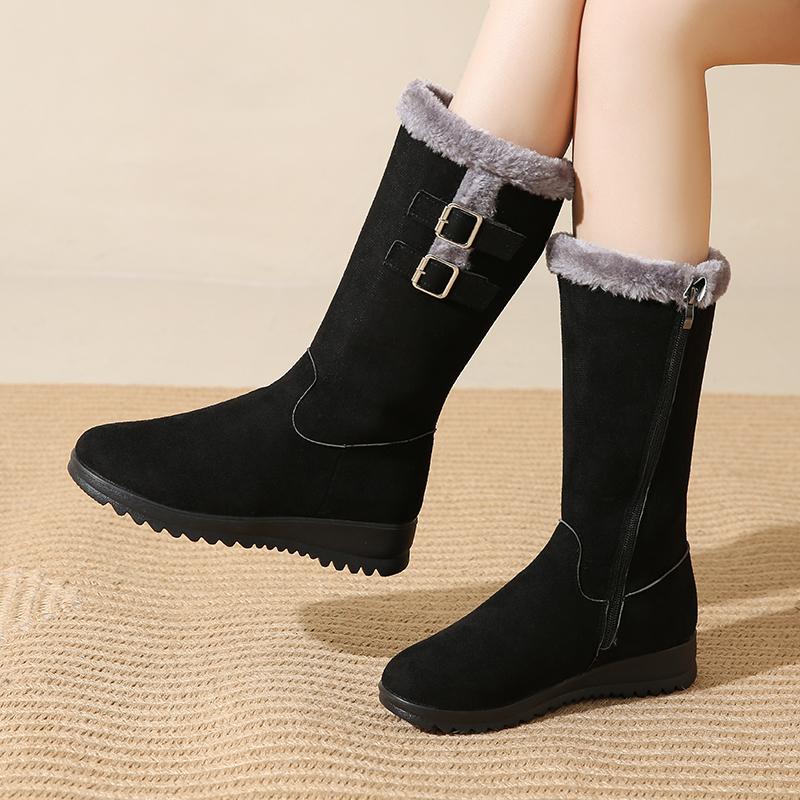 43Plus Size Fleece-Lined Boots Winter Warm Boots Thick Sole Thickened Flat High Tube Mom Shoes