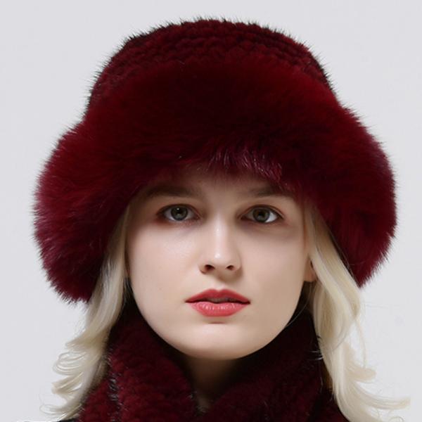 Hot Sale Rex Rabbit Fur Hats Scarf Set Elastic Knitted Winter Hat Women Genuine Warm Fur Caps Luxury Woman Fox Fur Bucket Hat
