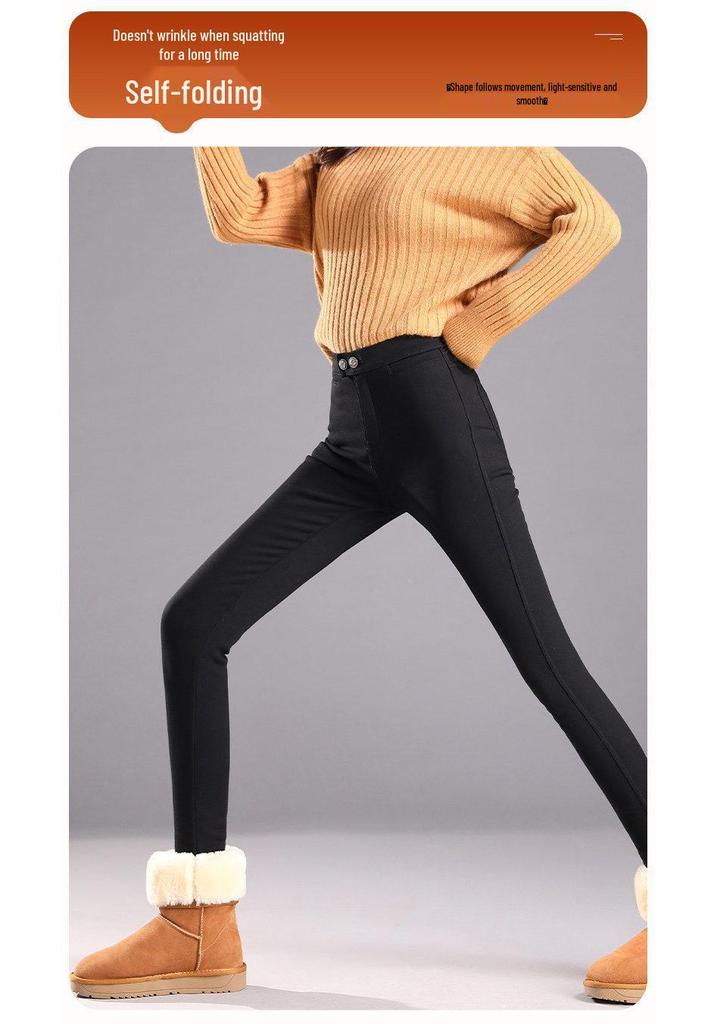 Women's Slimming Lambswool Pencil Pants, Plus Velvet Thickening, Elastic Autumn/Winter Base Layer In Black