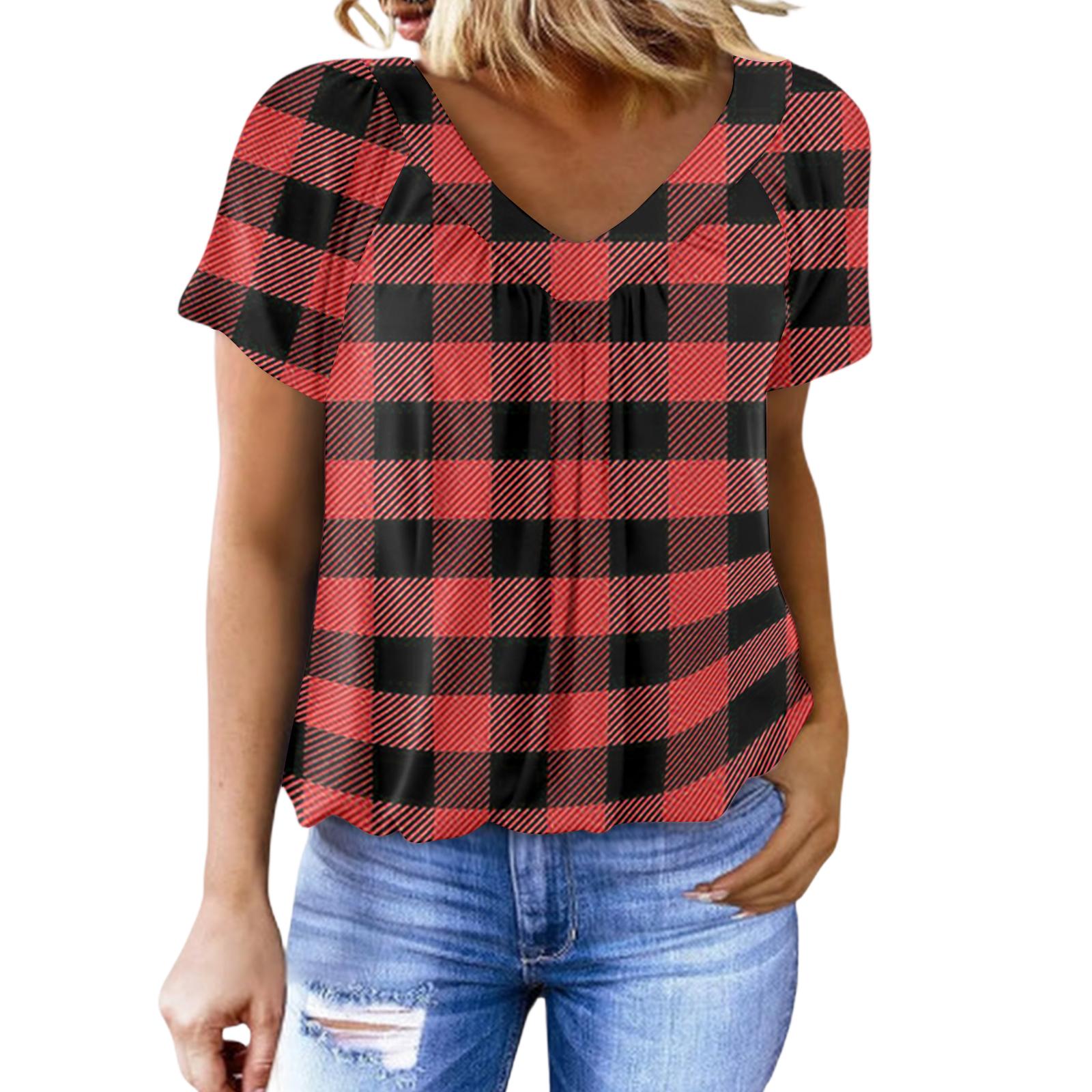 

Women s Casual V-Neck Ruffled Plaid Print Short-Sleeve Top XL червоний