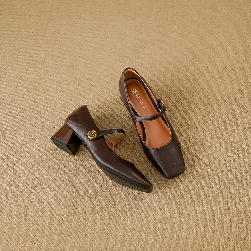 Leather high heels women's retro Mary Jane thick heels single shoes women's fashion 2025 spring new women's wear high sense