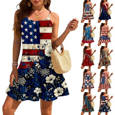 Women's Sleeveless Sling Loose Casual Elegant Beach Independence Day Printed Dress