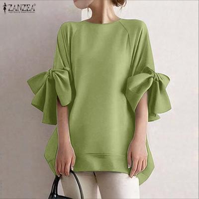 Women Casual Round Neck Bows Splice 3/4 Sleeve Loose Blouse