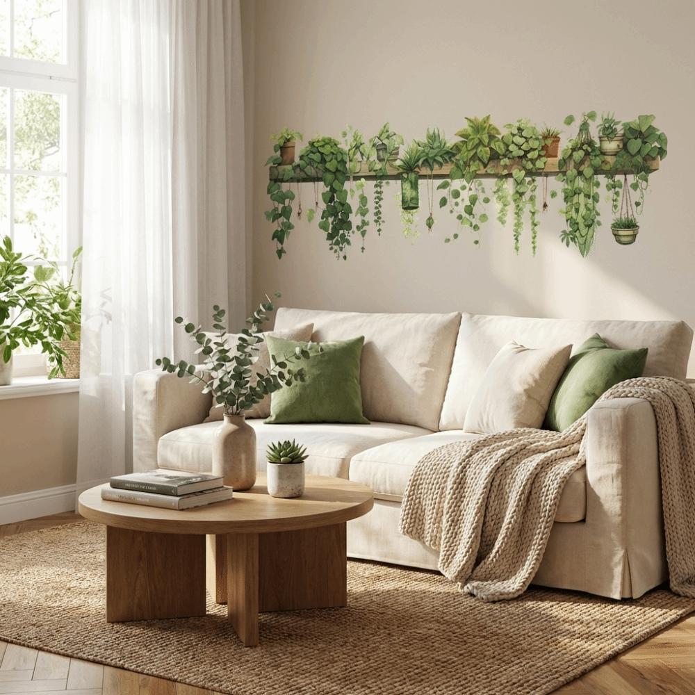 Hanging Basket Plant Branch Wall Decoration Green Plant Wall Decals Wallpaper  Background Wall