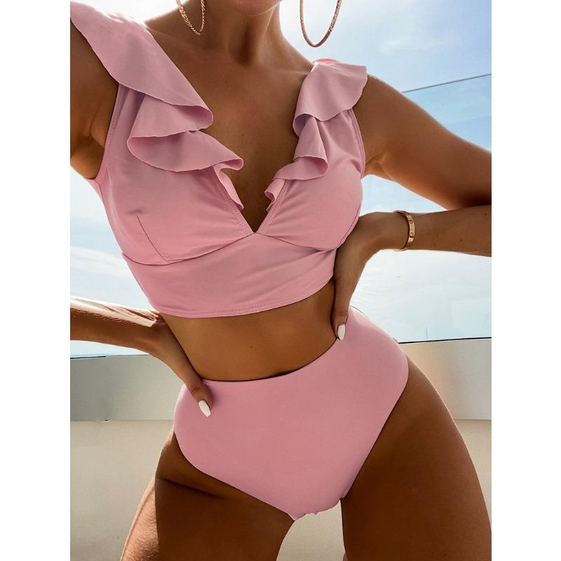 Women Bikini 2 Pieces Solid Color Ruffles Sexy High Waist Bathing Suit Beach Swimwear Female Summer Swimsuit