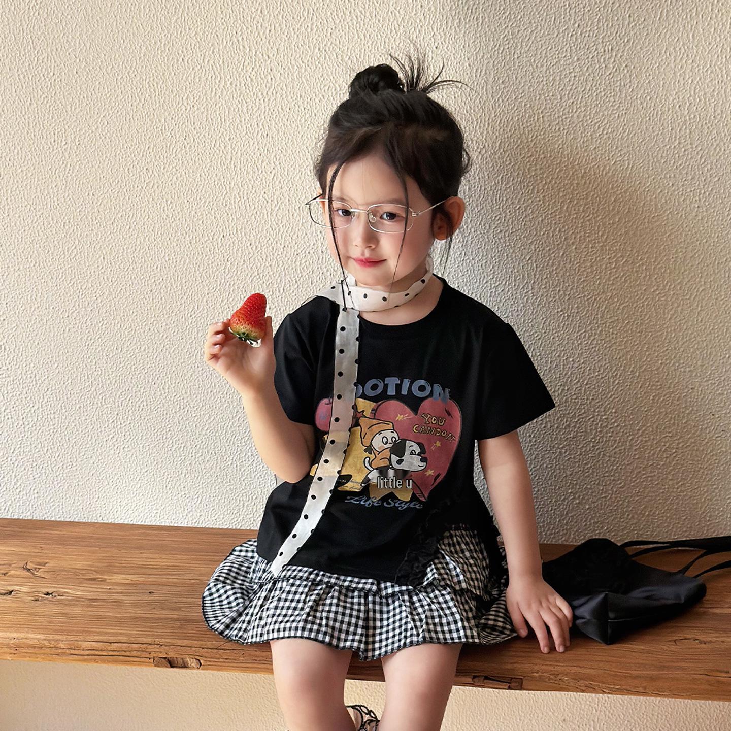 Girls Korean-Style Summer Set: Cartoon T-Shirt & Plaid Skirt (2026) 100 cm
