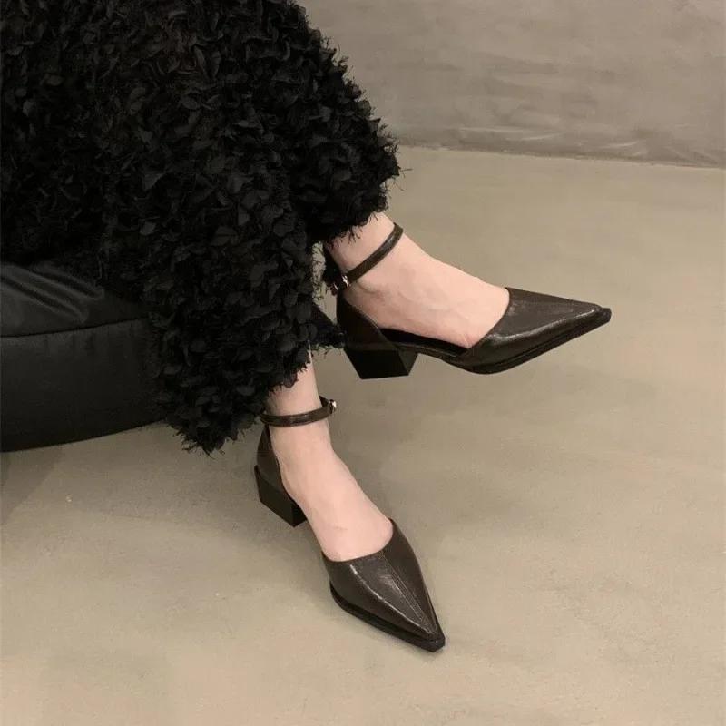 

Летние Повседневные Французский Шик Женские Сандалии Пряжка Острый Носок Толстый Каблук Туфли-Лодочки Универсальные для Юбок Модная Обувь для Ног 39 коричневый