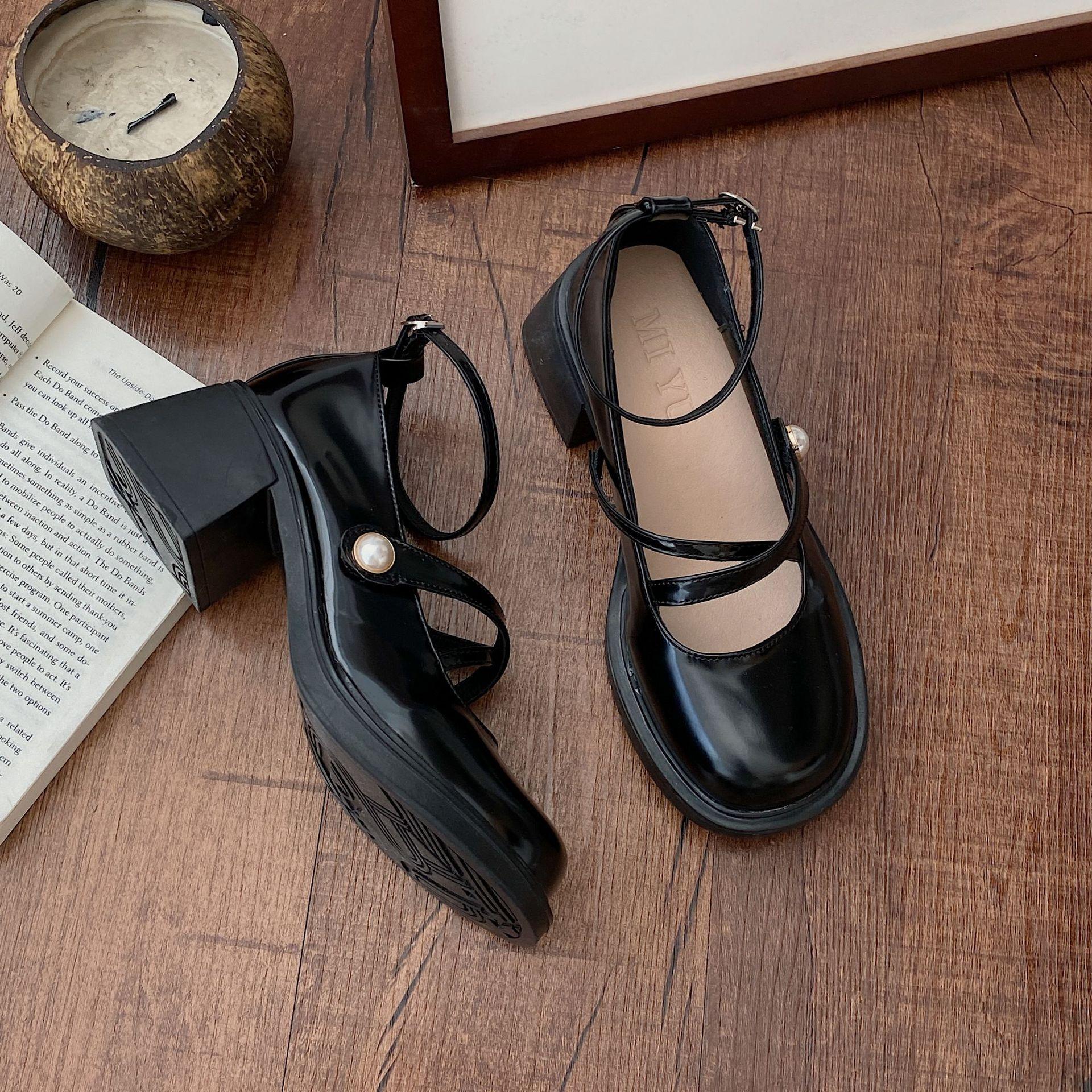 

Fashion Women Loafers Retro Brown Mary Jane Shoes Women Pu Leather Thick Heels Lolita Shoes Woman Uniform Pumps Ankle Buckle Heeled Shoe 40 чёрный