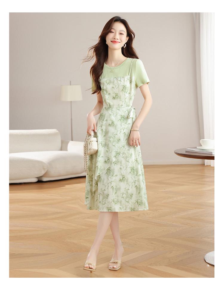 Mint Mambo Green Floral Two-Piece French Style Slim Waist Summer Dress