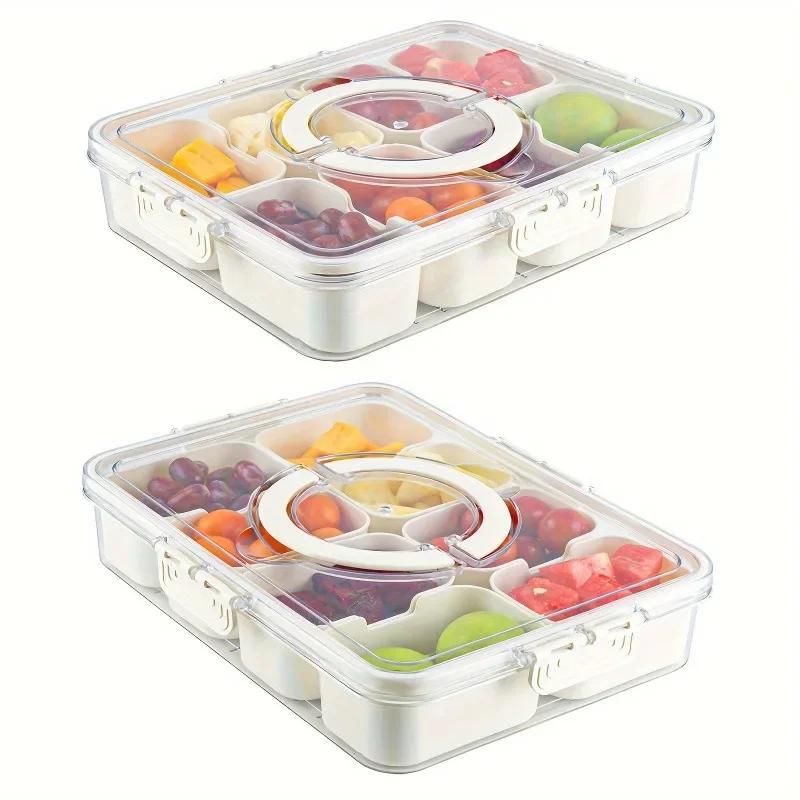 1pc Divided Tray with Handle -8-compartment Fruit Container with Lid and Detachable Snack Box