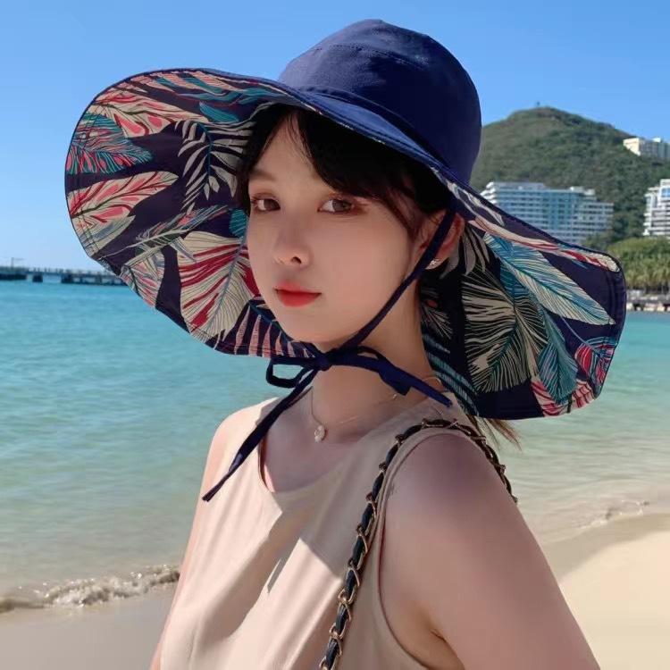 Summer Fashion Versatile Trendy Seaside Wide-brimmed Sunshade Empty Top Hat Double-sided Printing UV-proof Face Bucket Hat