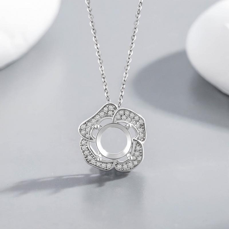 8.3mm S925 Sterling Silver French Chic Rose Camellia Necklace with Empty Setting Clavicle Chain