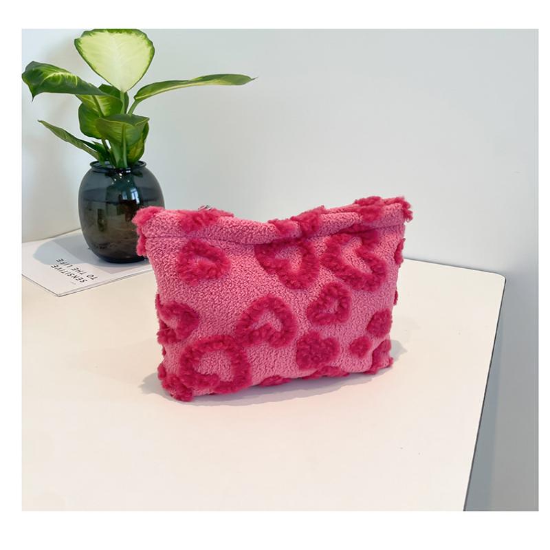 Plush Cute Love Makeup Bag Portable Skincare Product Lipstick Storage Bag Hand-Held Inner Bag Korean Brush Pencil Cases