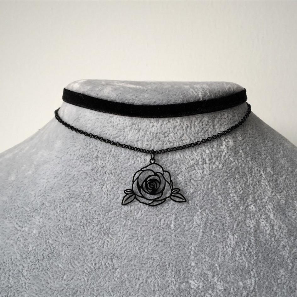Gothic Black Rose Moon Raven Necklace With Geometric Pendant For Women