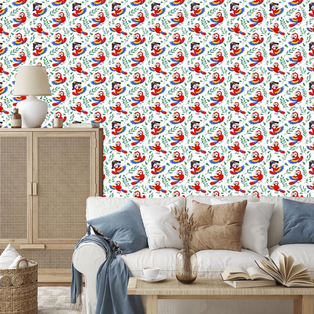 Parrot Wallpaper in white, light gray and coral for the living room and bedroom 50x1000