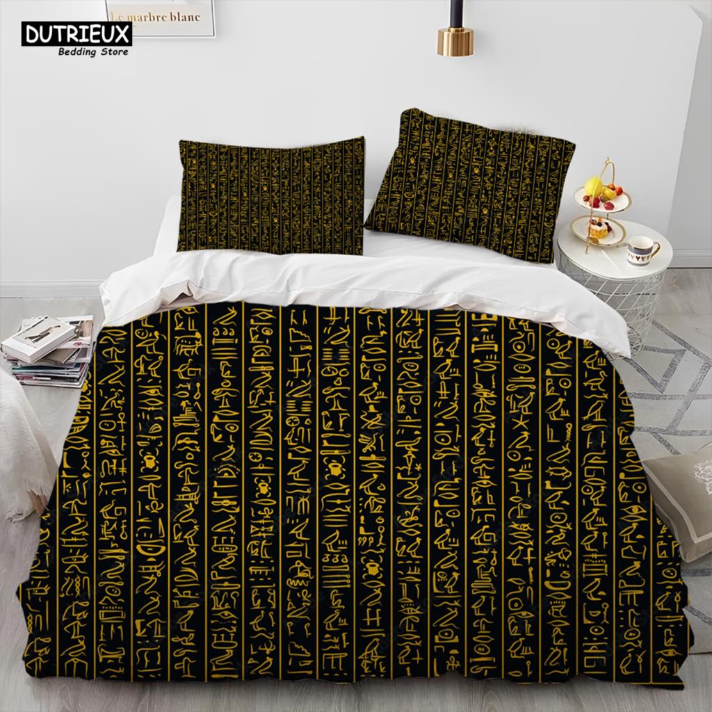 Egyptian Mythology Pharaoh Hieroglyphics Comforter Bedding Set,Duvet Cover Bed Set Quilt Cover Pillowcase,Queen Size Bedding Set