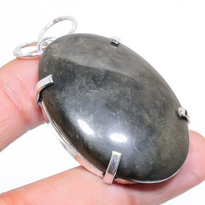 Natural Silver Sheen Obsidian Gemstone 925 Sterling Silver Pendant 2.13" Y8M65