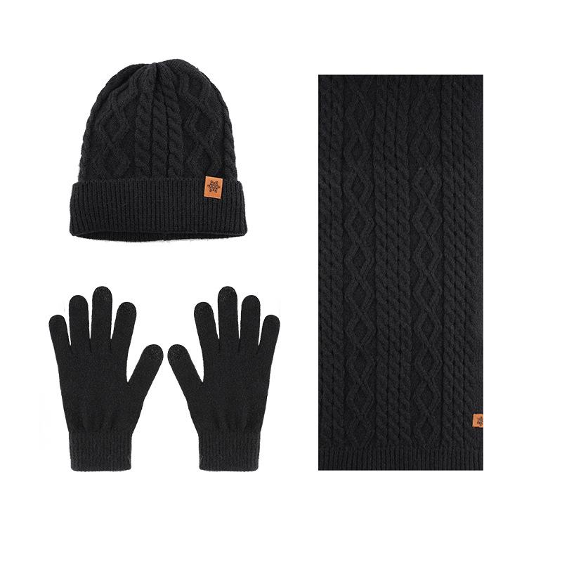 Knitted Hat, Men's Winter Velvet Thickened Gloves, Hat, Scarf, Three-piece Outdoor Cycling Wool, Knitted Hat
