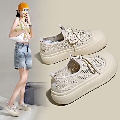 Sommer Neue Runde Spitze Kleine Weiße Schuhe Student Lässig Muffin Schuhe Hohle Atmungsaktive Lässige Schuhe mit Großer Spitze