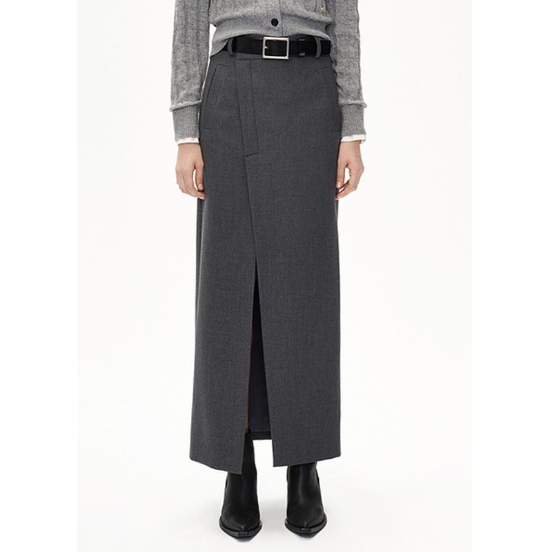 

Midi Skirt with Fine Merino Wool: High Waist, Asymmetrical Lapel, High Slit, Straight Long Skirt for Autumn/Winter Small чорний
