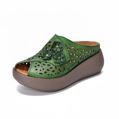 Mode 6cm Echtleder Applikationen Blume Keil Slipper Plateau Sandalen Peep Toe Mode Damen Hollow Mode Sommerschuhe