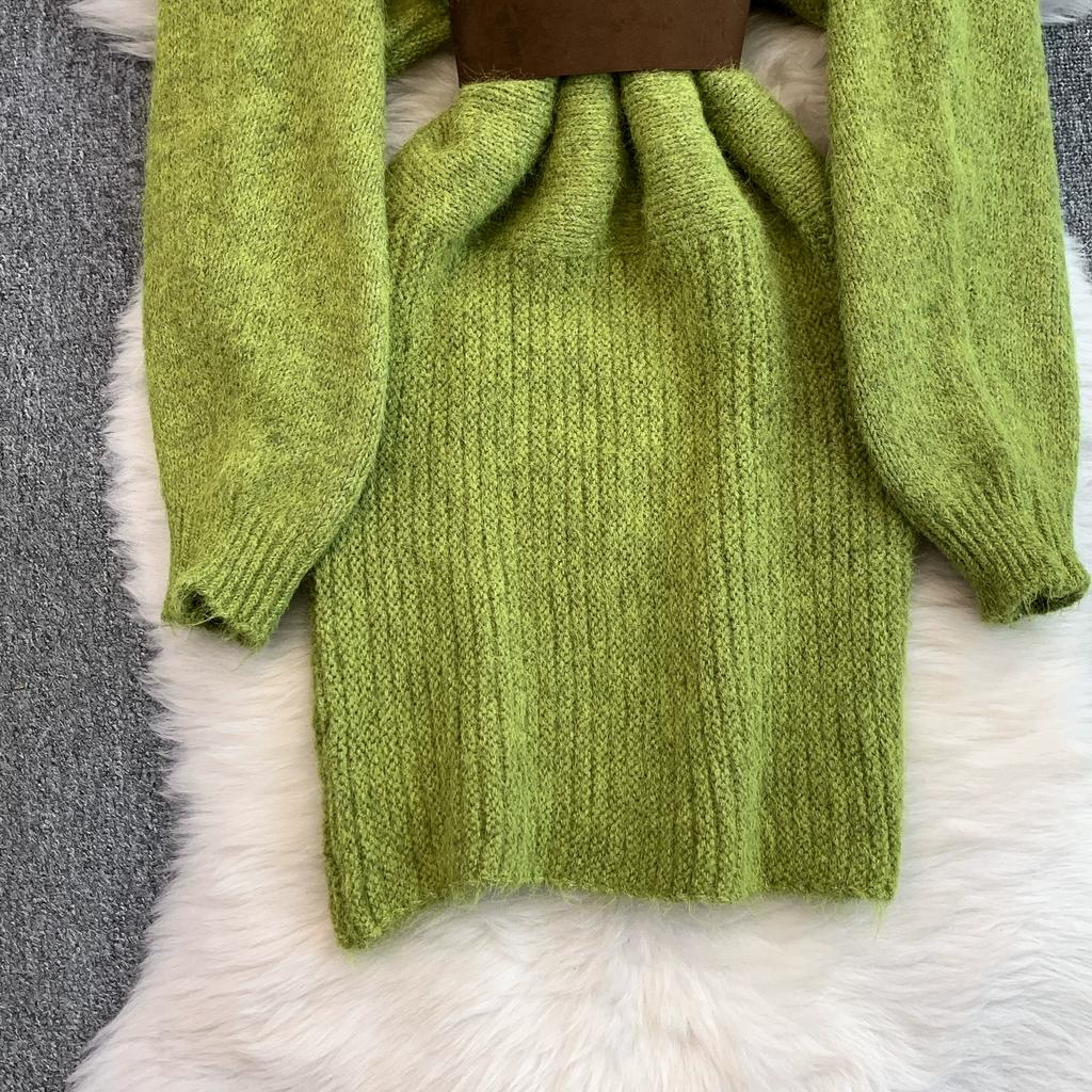 Autumn Winter Women Elegant O-neck Knitted Sweater Chic Mini Short Straight Pullover Dresses with Belt