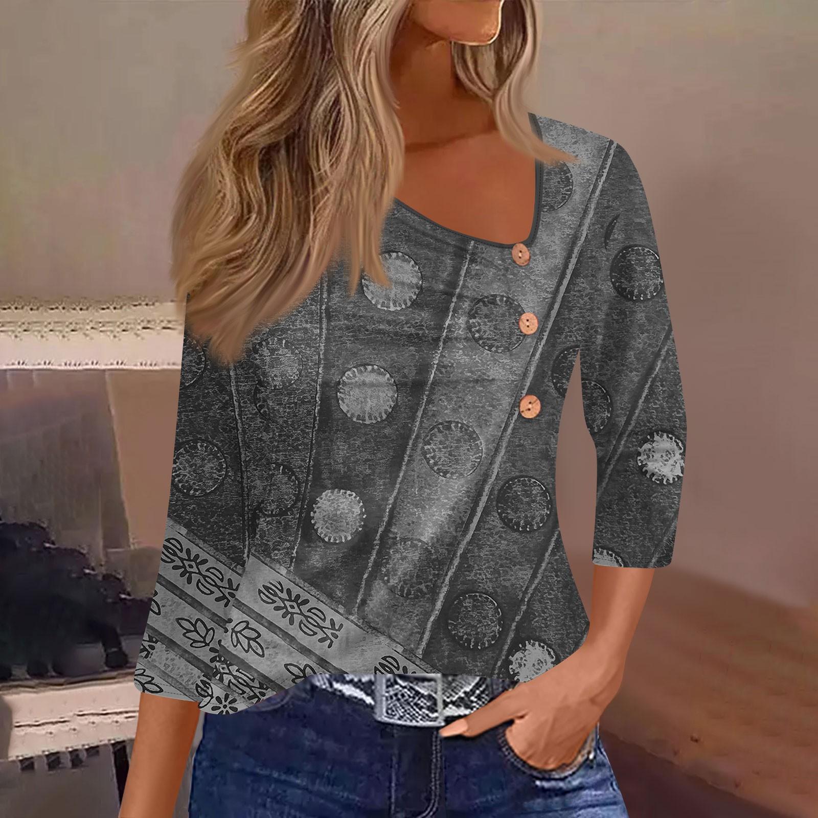 Жен. Футболка Футболка С принтом Пуговицы Рукав 3/4 Повседневные Выходные Мода — фото 3