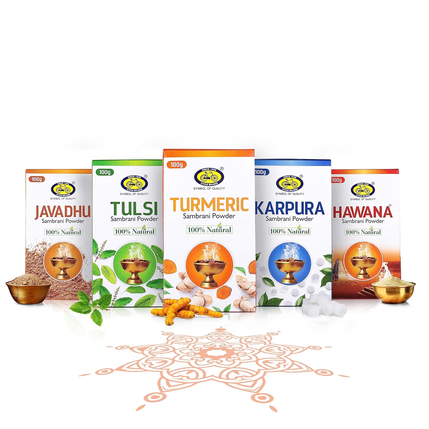 

Cycle Pure Sambrani Powder Original 100 GM Pack of 5 Turmeric, Tulsi, Javadhu, Hawana, Karpura for Daily Puja & Festive Ceremonies