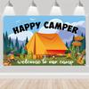 2D Glücklicher Camper Camping Hintergrund, Cartoon Zelt & Berg Banner, Outdoor Party Fotografie Dekor