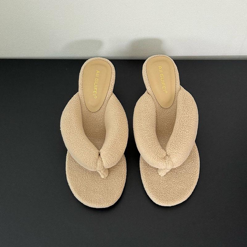 Fashion Red Fashion Round Toe Ladies Wedges Slippers Shoes Footwear Flock Women Wedges Slippers Shoes Female Sandals Slides Flip flops
