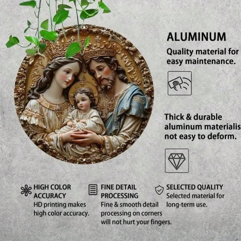 3D Embossed Holy Family Aluminum Sign Round Wall Art For Bathroom Cafe Decor