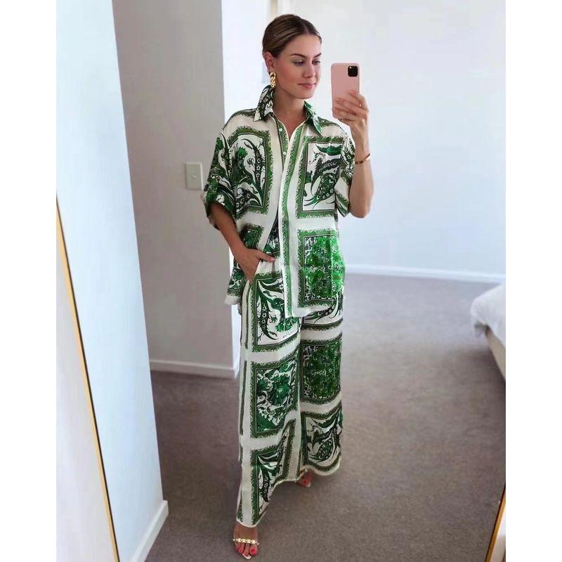Summer and Autumn Beautiful Summer New Arrival Women's Clothing Fashion Style Lapel Long Sleeves Button Shirt Positioning Printed Pants Suit
