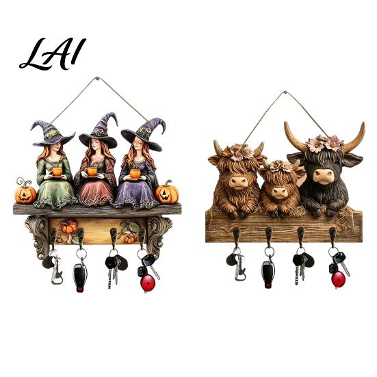 Dark Aesthetic Wall Art Halloween Entryway Key Holder with 4 Hooks Wooden Hanging Sign Mount Rack for Keys Bags And Leashes Home Organizer Mudroom