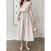 Summer Korean Style New Solid Artistic Student Waist Hugging round Neck Loose Mid-Length Sleeveless Dress Women Dress
