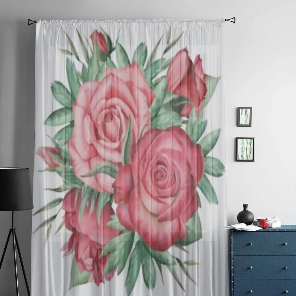 Rose Flower and Leaves Tulle Window Curtains for Living Room Yarn Sheer Voile Curtain for Bedroom Kitchen Drape Decor