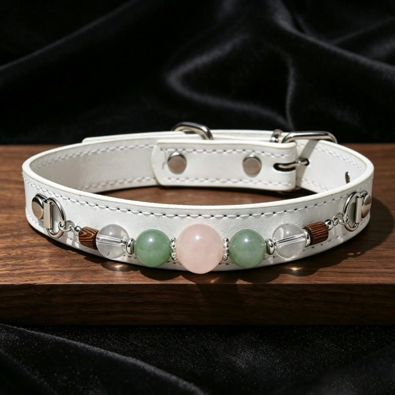 Natural Crystal Pet Collar Cats Dogs PU Leather Necklace With Raw Stone Beads Vintage Style
