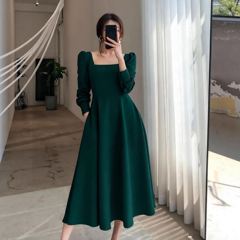 Little black dress women's spring and autumn new retro square collar long over the knee black temperament dress long dress