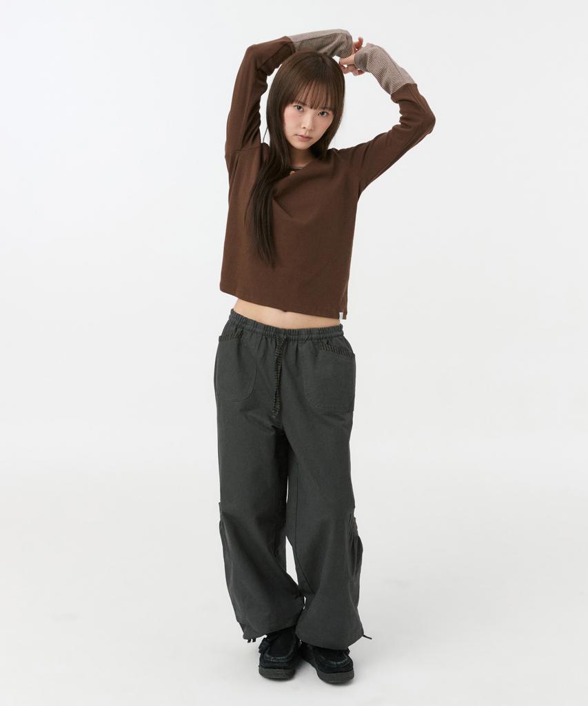 OHESHIO Shirring Color Block Long Sleeve, Brown