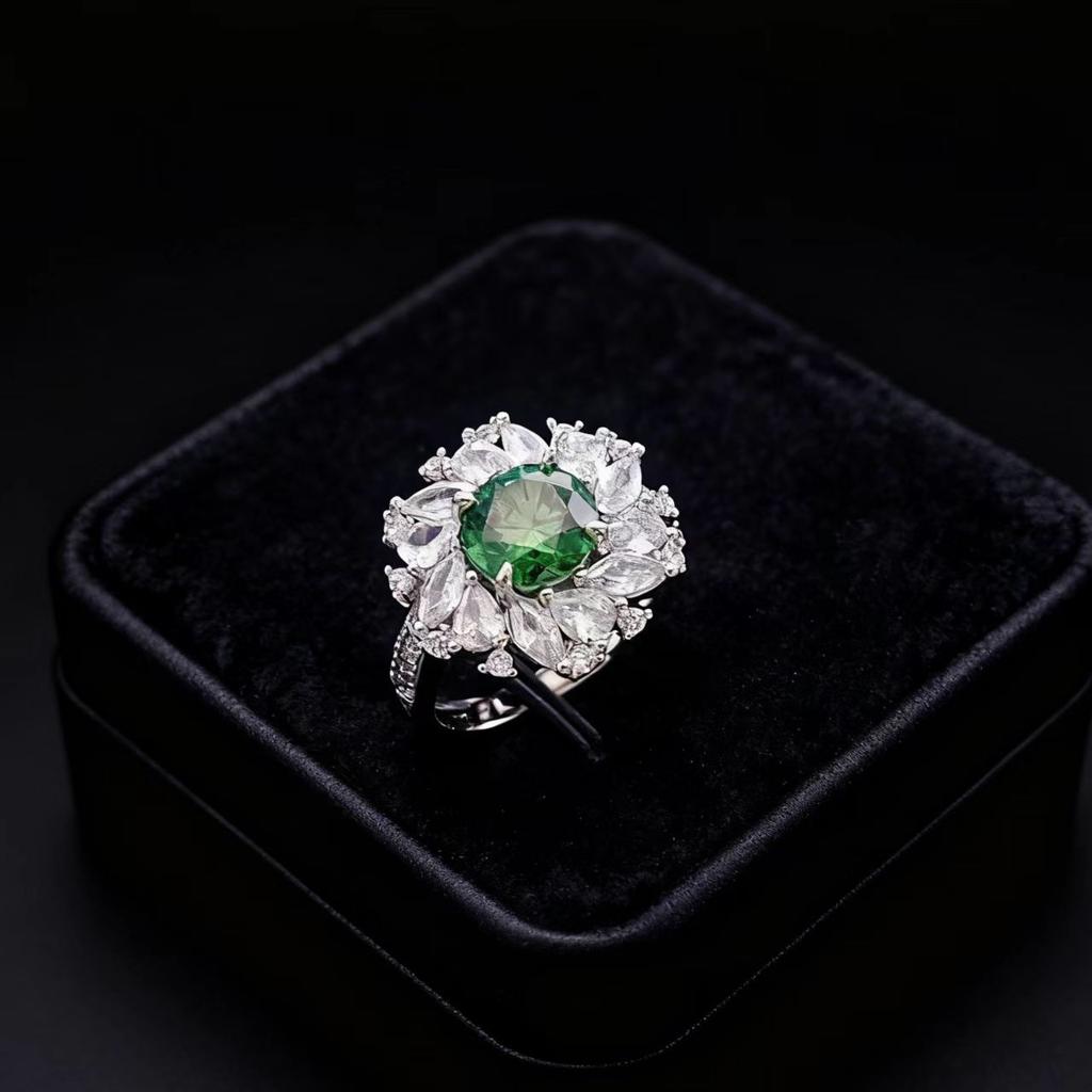 Jewelry Luxury Heavy Industry Imitation Emerald Ruby Sunflower Ring High Texture Treasure Ring Female