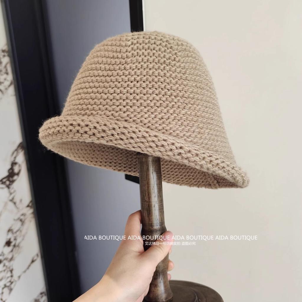 Korean version retro solid color wool hat women's warm and comfortable crimped knitted hat shows the face small thick wool bucket hat