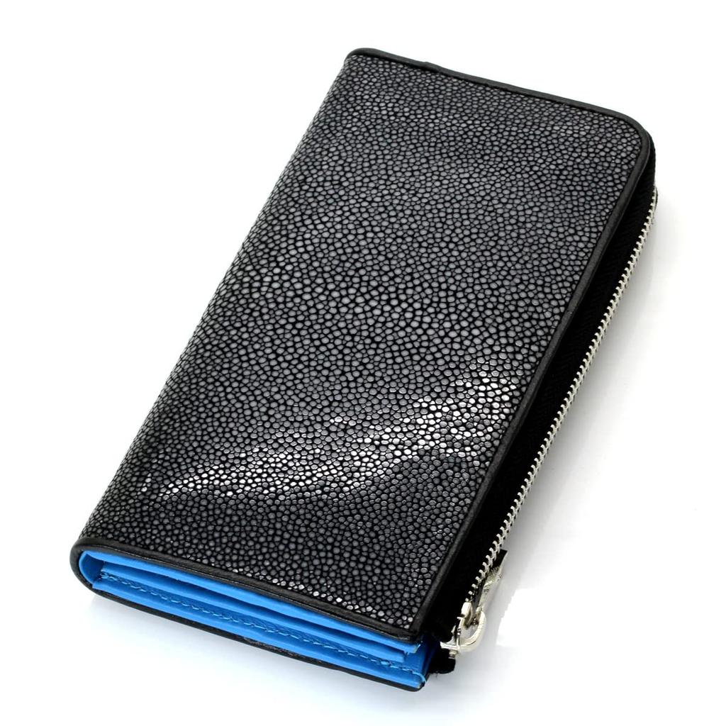 [Revetta] Stingray Leather Long Wallet, Sky Blue Interior, YKK Zipper, Galusha (Stingray) Leather, Black, Men's & Women's, Genuine Leather [192stw-4]