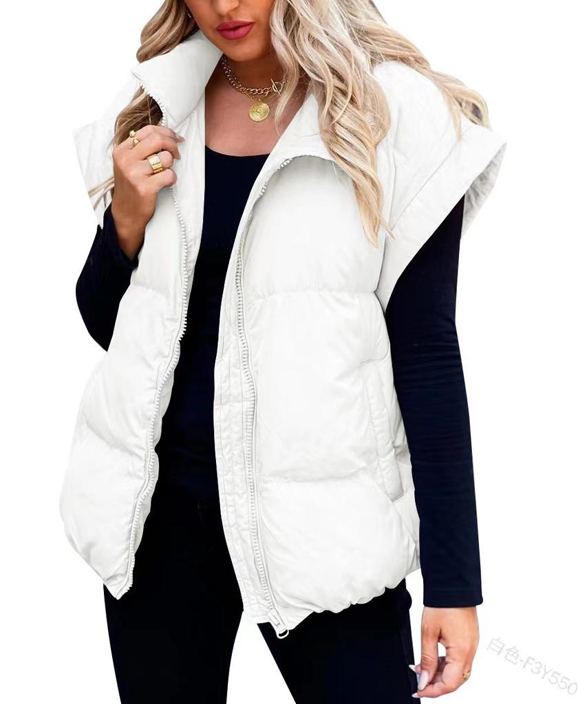 Solid Color Zipper Sleeveless Winter Warm Vest Jacket Womens Pocket New Stand Collar Temperament Vest Doudoune Sans Manche Femme