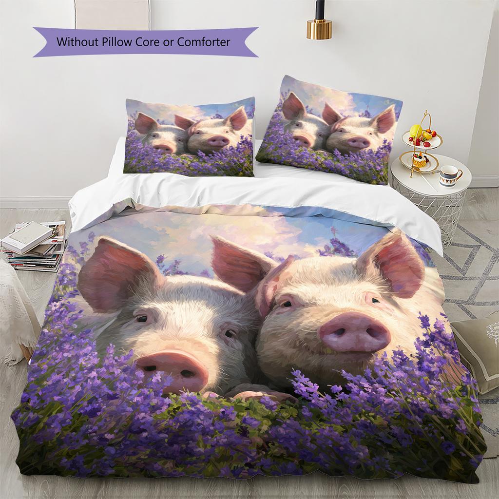 Pig and Flowers Pattern Bedding Home Decoration Birthday Gift (1 * Duvet Cover + 2 * Pillowcase, Without Core)
