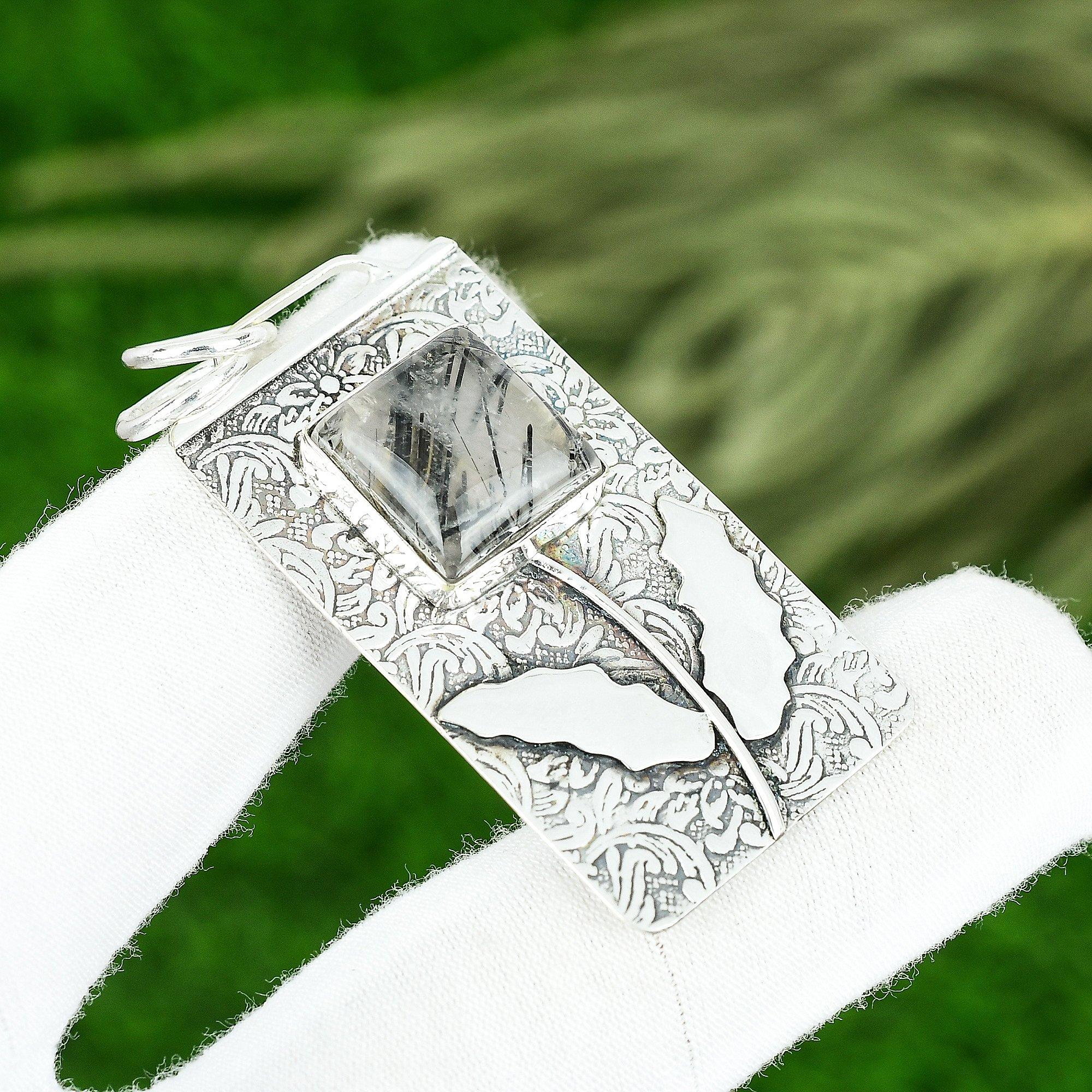 

Friendship Day Deal Natural Black Rutile Sterling Silver Mother Wedding Pendant